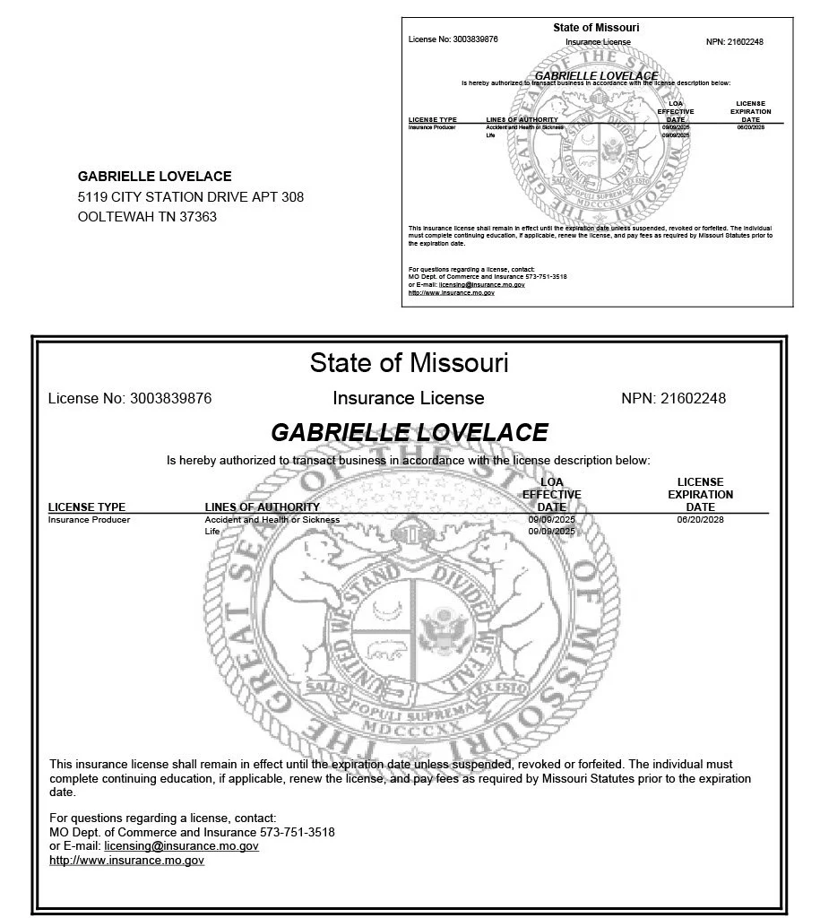 Missouri insurance license certificate for Gabrielle Lovelace with license details, expiration date, and official seal.