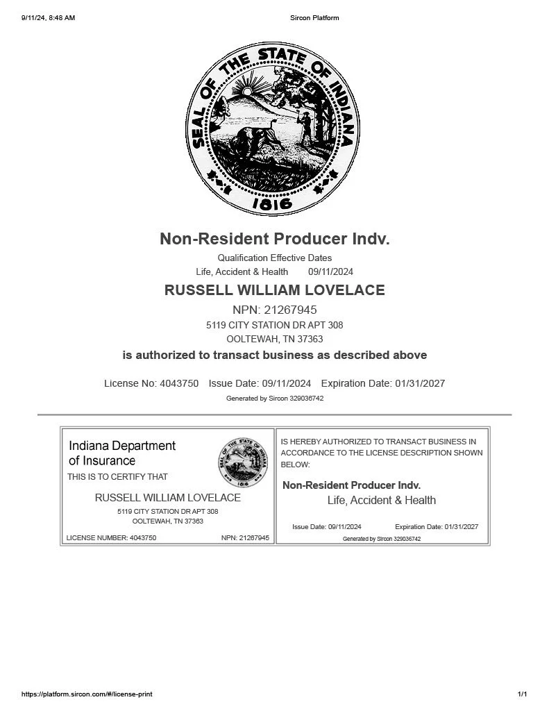 Indiana state license certificate for non-resident producer in life, accident, and health insurance issued to Russell William Lovelace, effective September 11, 2024, with license number 4043750, valid until January 31, 2027.
