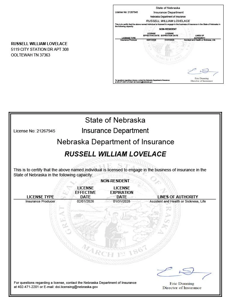 Insurance license certificate from the Nebraska Department of Insurance issued to Russell William Lovelace, with license number 21267945, effective from February 1, 2026, to January 31, 2028.