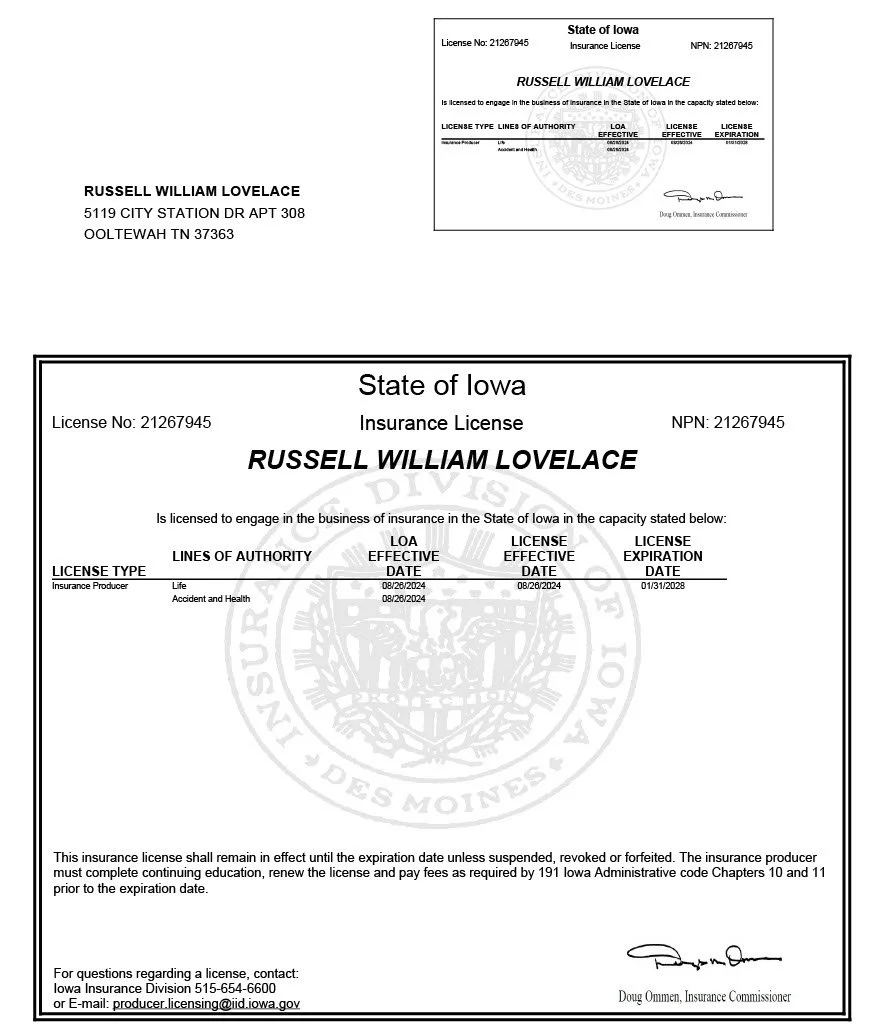 A document showing an Iowa insurance license for Russell William Lovelace, with his license number, name, address, license type, lines of authority, effective dates, and expiration date, along with a watermark of the Iowa seal.