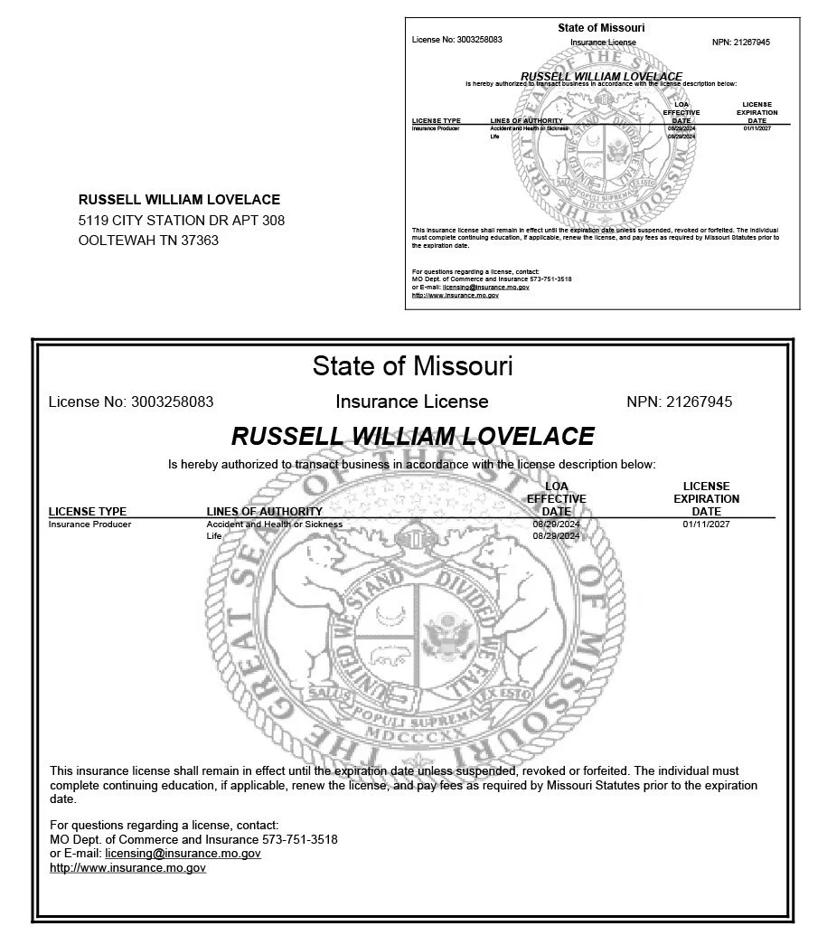 Missouri insurance license card belonging to Russell William Lovelace, detailing license number, effective and expiration dates, license type, and agency information along with the state seal in the background.