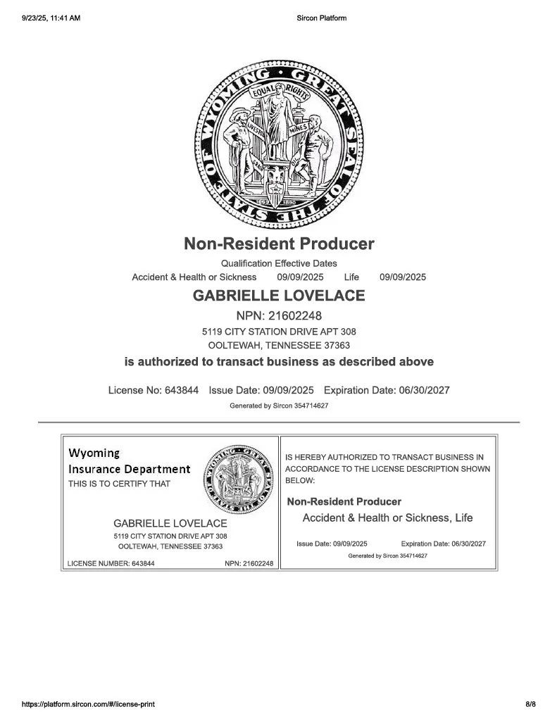 Official license and certification documents from the Wyoming Insurance Department for Gabrielle Lovelace, a non-resident producer authorized to transact accident, health, or sickness, and life insurance, issued on September 9, 2025.