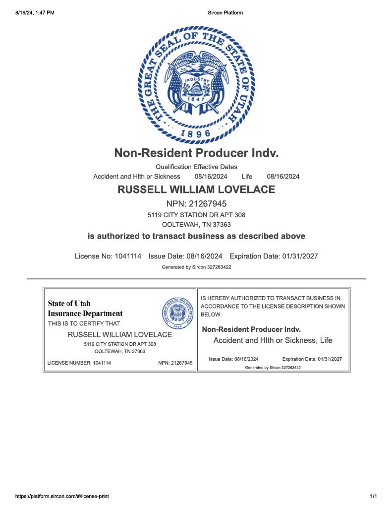 Tennessee Non-Resident Producer Insurance License issued to Russell William Lovelace, valid from 08/16/2024 to 01/31/2027, with official seal and details about license type and holder.