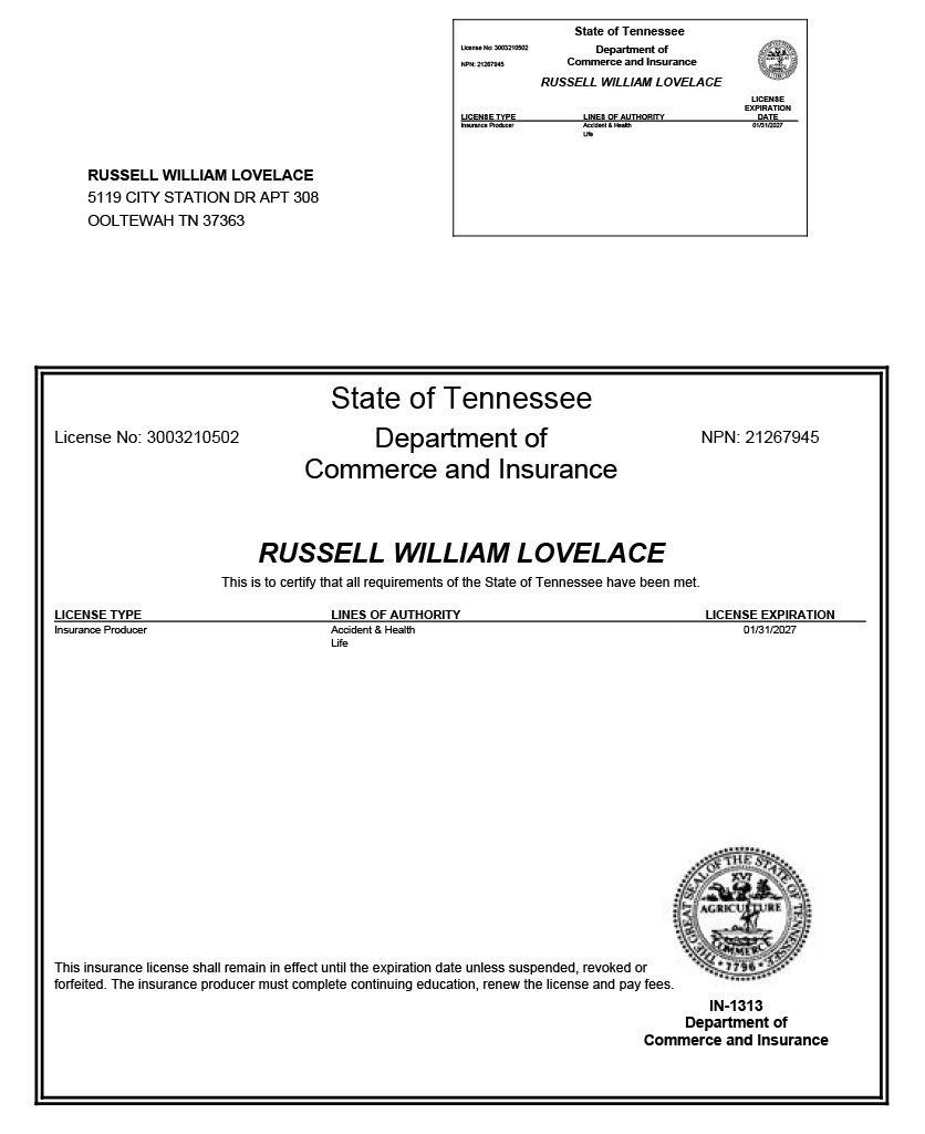 A Tennessee vehicle insurance license document issued to Russell William Lovelace. It includes personal details like name, address, license number, and expiration date, with official state seals.