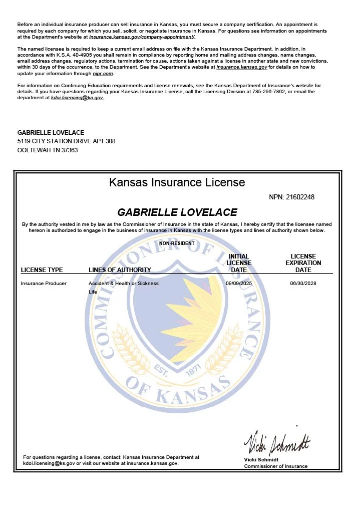 Kansas insurance license certificate issued to Gabrielle Lovelace, with her name, address, license type, authority lines, license number, issue date, expiration date, and signature visible, featuring the Kansas Department of Insurance seal in the background.