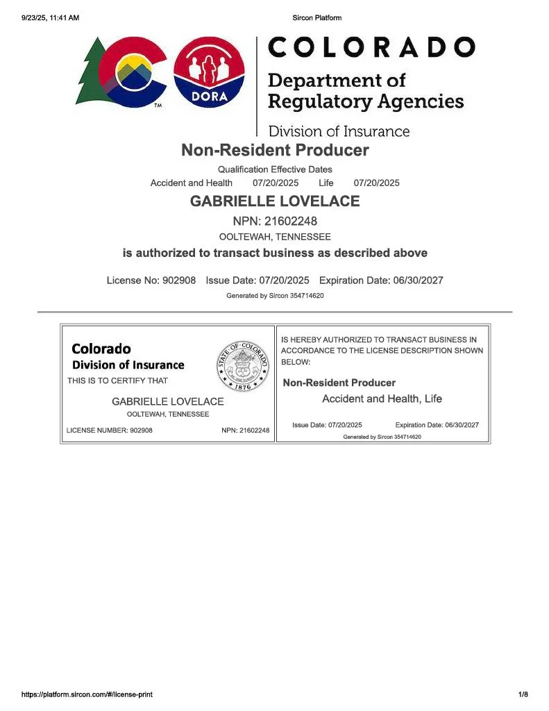 Insurance license document for Gabrielle Lovelace issued by Colorado Department of Regulatory Agencies, Division of Insurance, indicating non-resident producer authorization for accident and health insurance, with expiration in 2027.