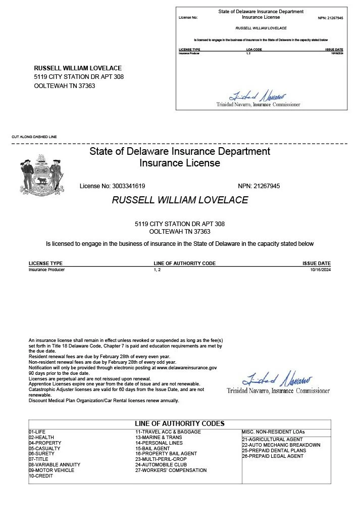 Image of a Delaware insurance license issued to Russell William Lovelace, located in Ooltewah, Tennessee. The license includes personal details, license type, authority line, issue date, and a signature by the Insurance Commissioner. The document also features the Delaware state seal.