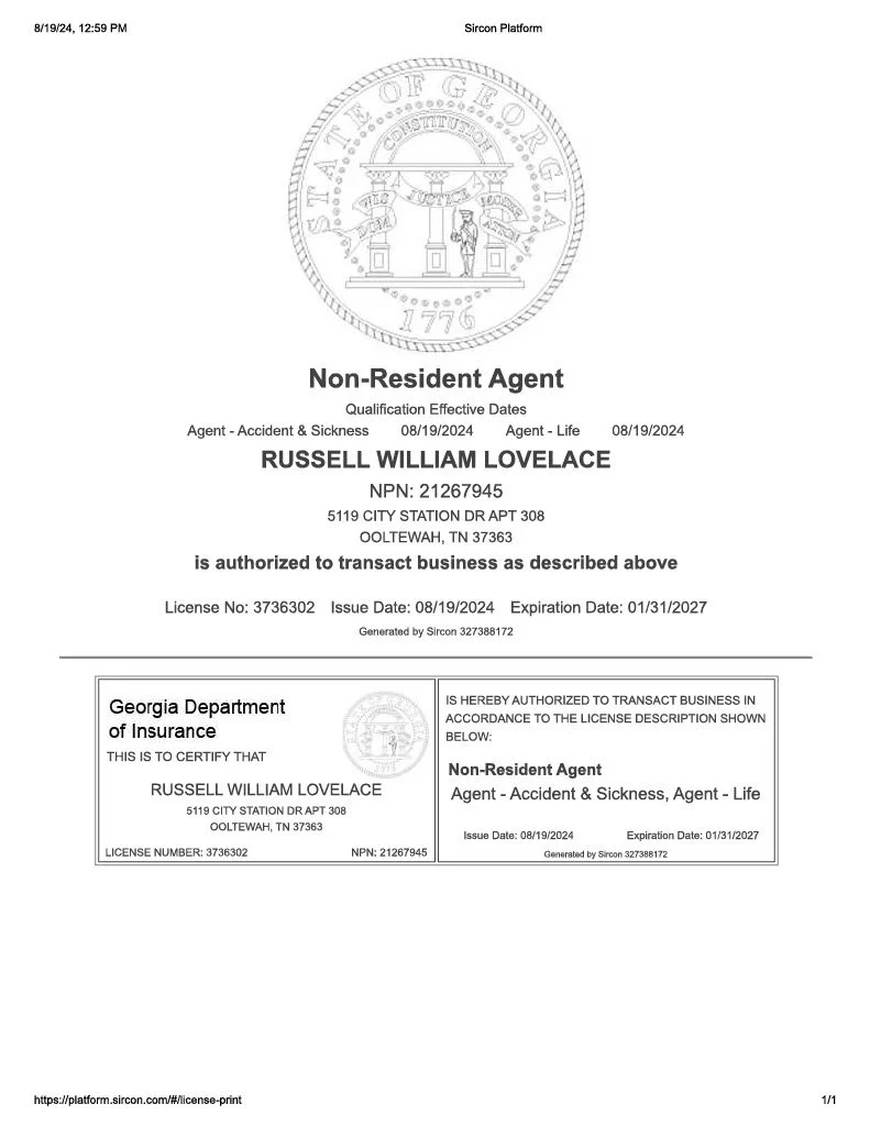 A Georgia Department of Insurance non-resident agent license for Russell William Lovelace, issued on August 19, 2024, authorizing business in accident, sickness, and life insurance, with expiration on January 31, 2027, includes a seal and signature, and the licensee's address in Ooltewah, Tennessee.