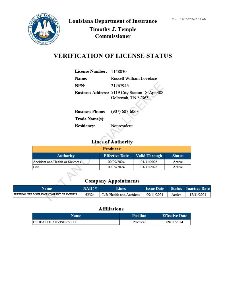 Official Louisiana Department of Insurance license verification document for Russell William Lovelace, showing personal details, license status, lines of authority, company appointments, and affiliations.