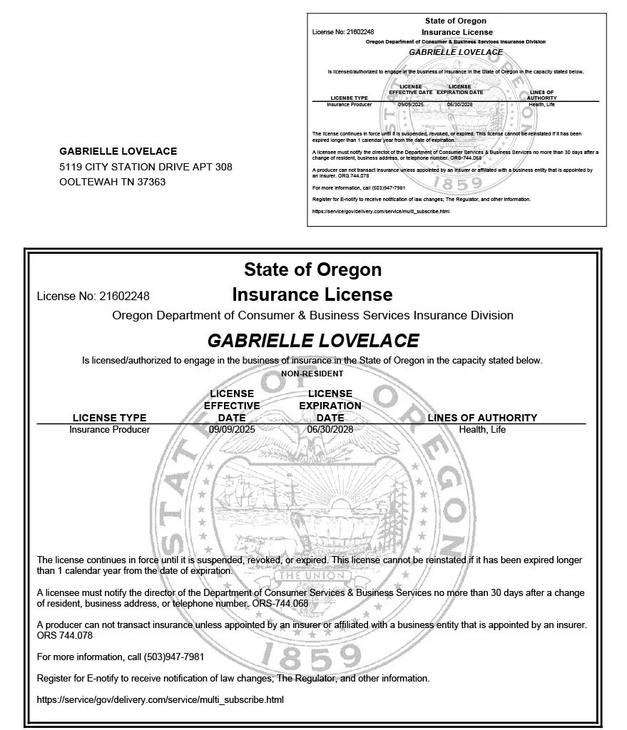 Image of an Oregon insurance license for Gabrielle Lovelace, with license details and expiration date.