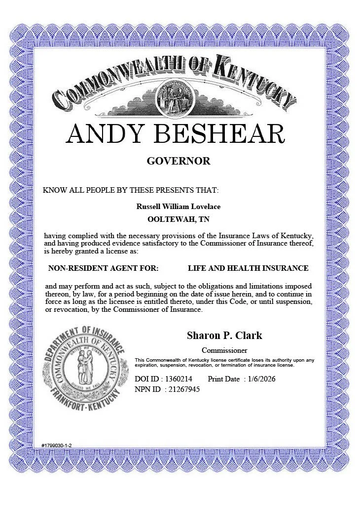 Kentucky Commonwealth of Kentucky insurance license certificate issued to Andy Beshar, governor, for life and health insurance, signed by Sharon P. Clark, with an official seal and purple decorative border.