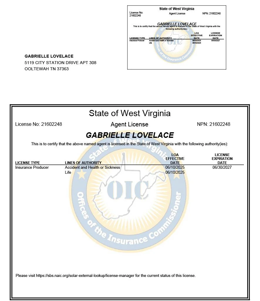 West Virginia agent license certificate for Gabrielle Lovelace, issued by the Insurance Commissioners of West Virginia, with license number 21602248, valid from June 10, 2025, to June 30, 2027.