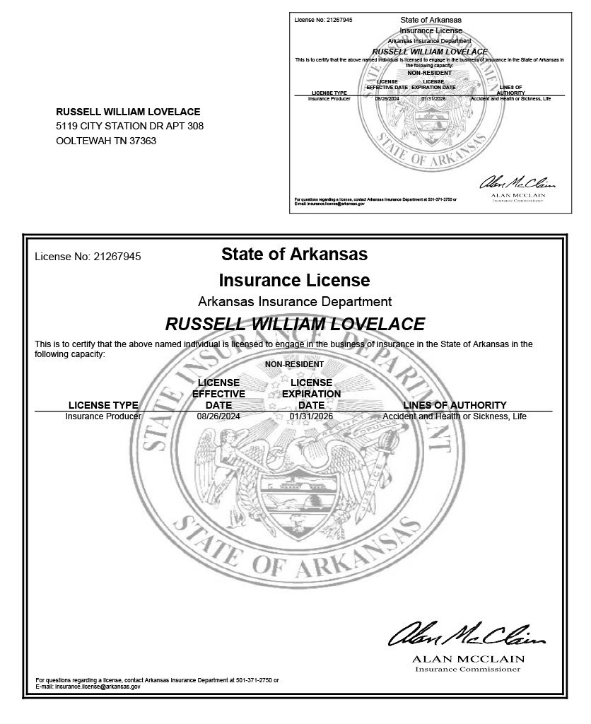 Arkansas state insurance license for Russell William Lovelace, valid from August 26, 2024, to January 31, 2026, signed by Alan McClain.