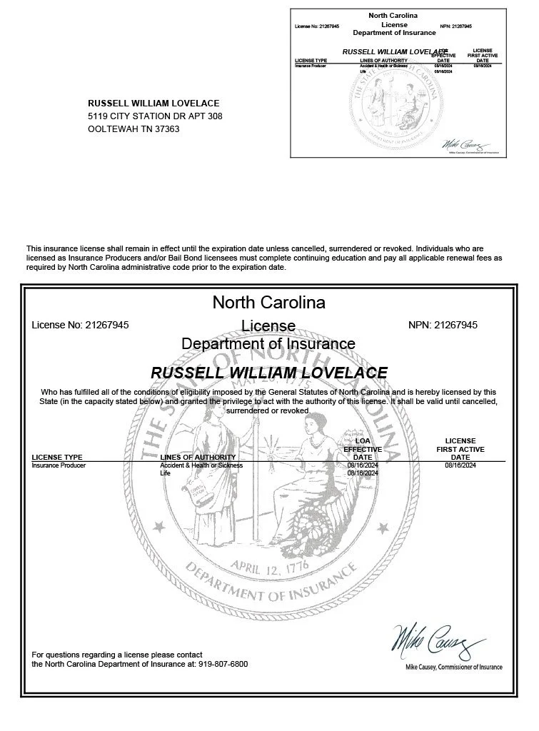 A North Carolina insurance license issued to Russell William Lovelace, featuring official seals, signatures, and license details.
