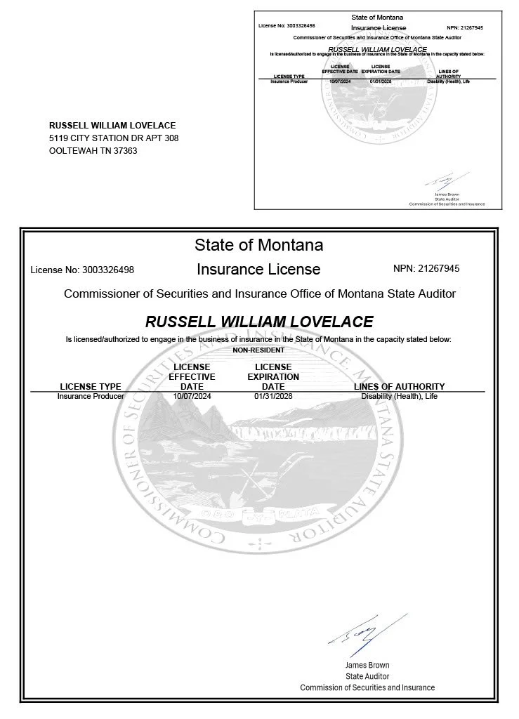Montana insurance license document for Russell William Lovelace, issued by the Montana State Auditor, with license number 3003326498, valid from July 10, 2024, to January 31, 2028, for insurance of health and life, signed by James Brown.