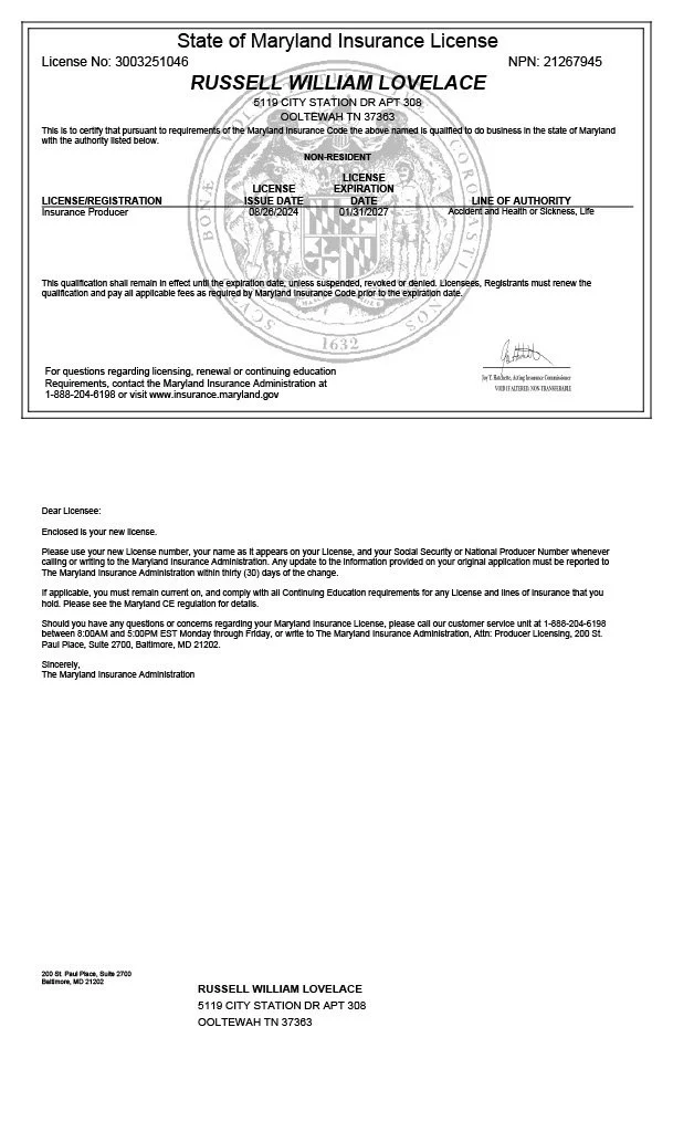 A Maryland insurance license issued to Russell William Lovelace, with license number 3003251046. It shows personal details, license issue date of 08/28/2024, expiration date of 01/31/2027, and line of authority in accident and health or sickness. The license is non-resident and includes official signatures and a seal.
