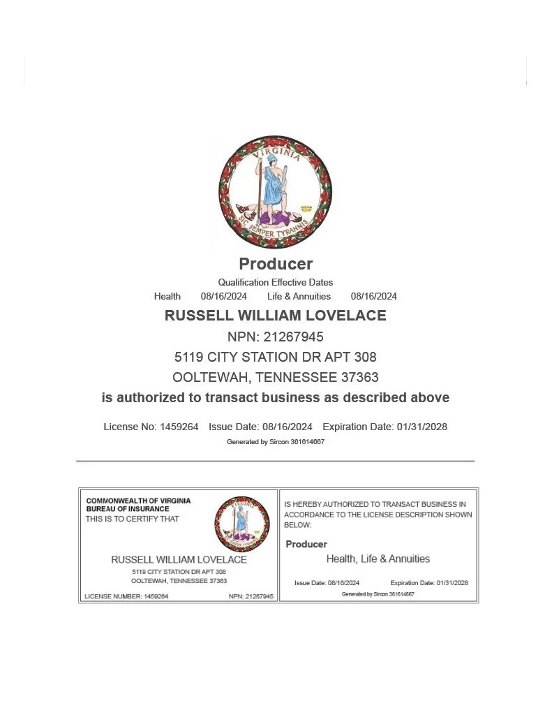 A Virginia insurance license certificate issued to Russell William Lovelace for health, life, and annuities business, with a Virginia state seal at the top.