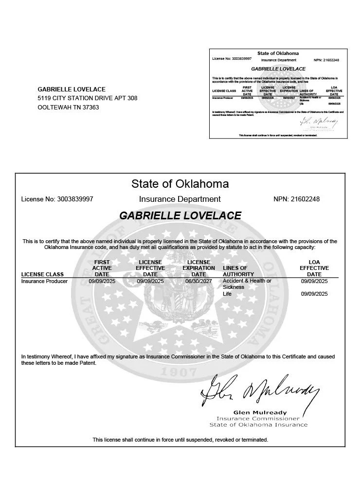 Oklahoma driver’s license for Gabrielle Lovelace, issued by the Oklahoma Insurance Department, showing her personal information, license details, and signature.