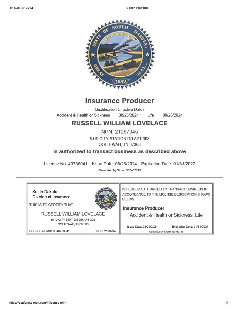South Dakota state license document for Russell William Lovelace, issued by the South Dakota Division of Insurance, with a seal featuring a landscape scene and the State of South Dakota emblem.