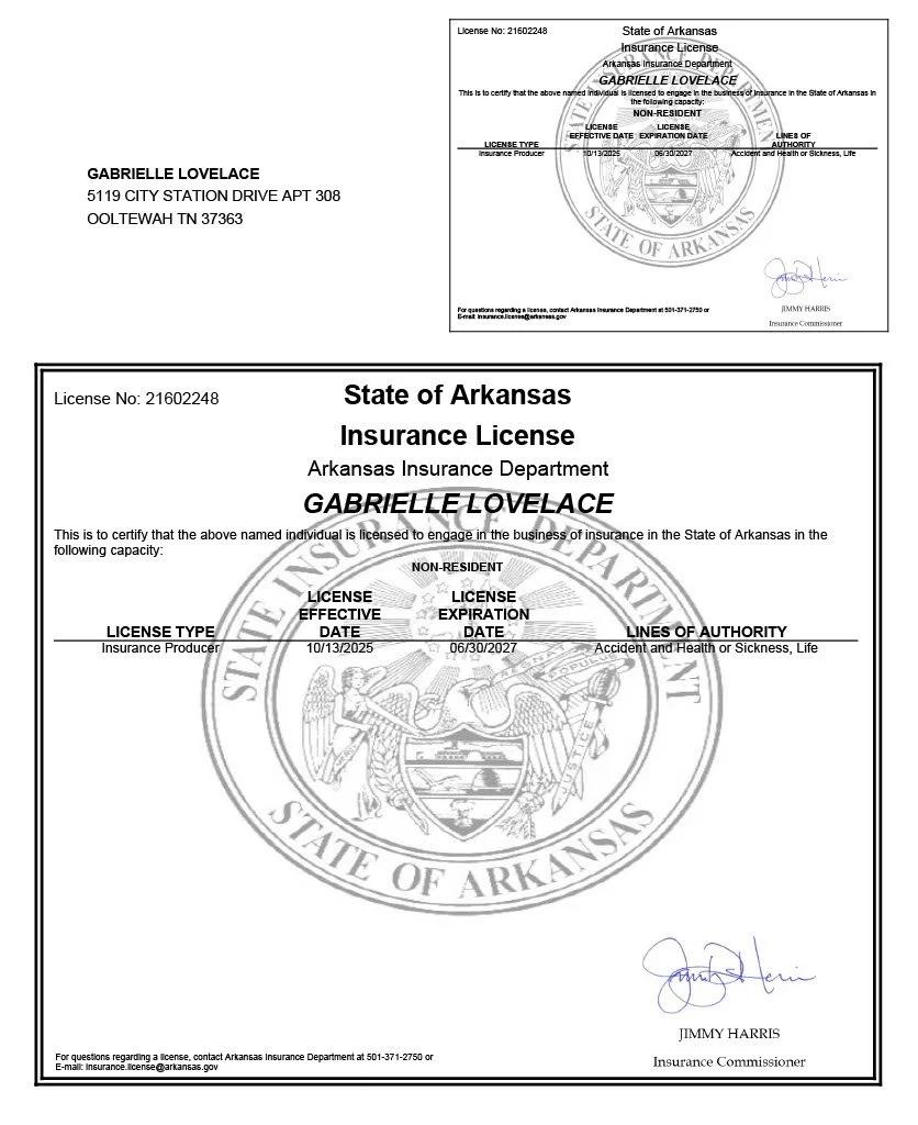 A scanned copy of a State of Arkansas insurance license for Gabrielle Lovelace, issued by the Arkansas Insurance Department, with details such as license number, effective and expiration dates, license type, and authority.