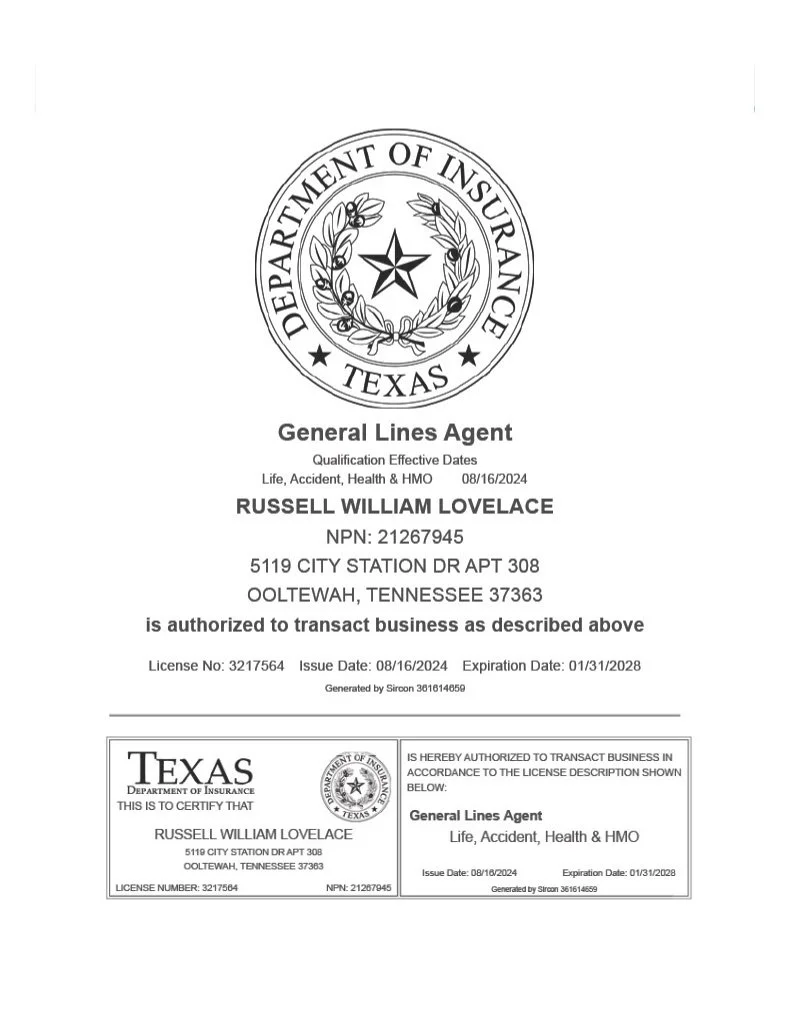 Insurance license document for Russell William Lovelace issued by the Texas Department of Insurance, authorizing business transactions related to life, accident, health, and HMO insurance.