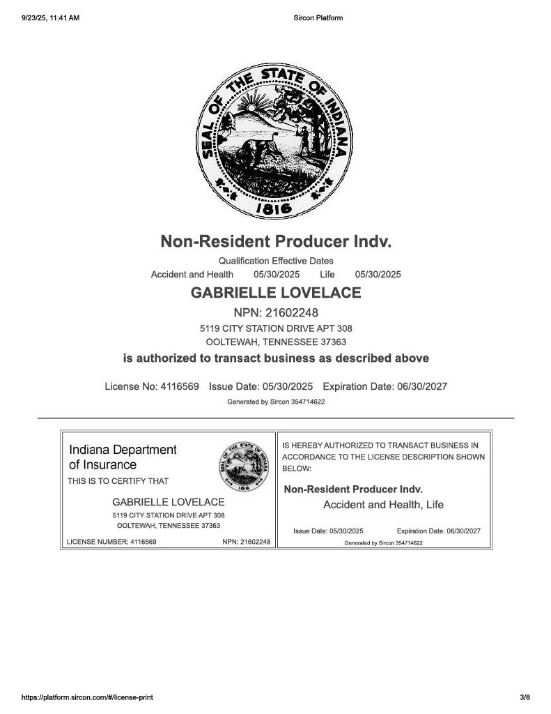 Official license document for Gabrielle Lovelace, a Non-Resident Producer in the insurance industry, issued by the Indiana Department of Insurance, with the state seal at the top.