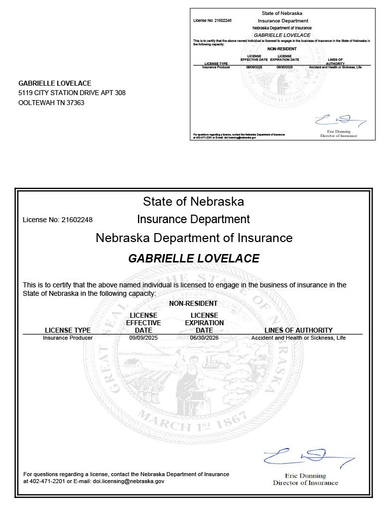 A Nebraska insurance license document issued to Gabrielle Lovelace, showing license number, effective and expiration dates, and authorized insurance lines, signed by Eric Dunning.
