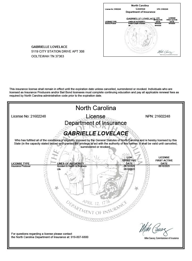 North Carolina insurance license for Gabrielle Lovelace, issued by the Department of Insurance. Features official seals and signatures.