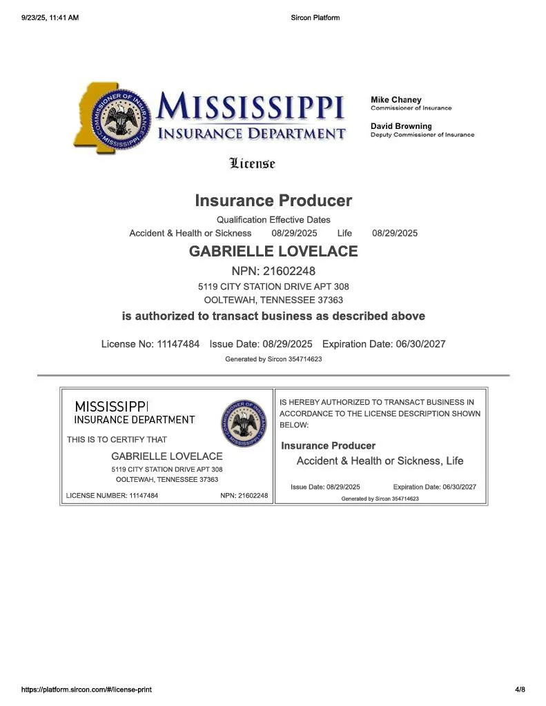 Mississippi Insurance Department license document for Gabrielle Lovelace, authorized insurance producer for accident, health, and life insurance, issued on August 29, 2025, with expiration on June 30, 2027.