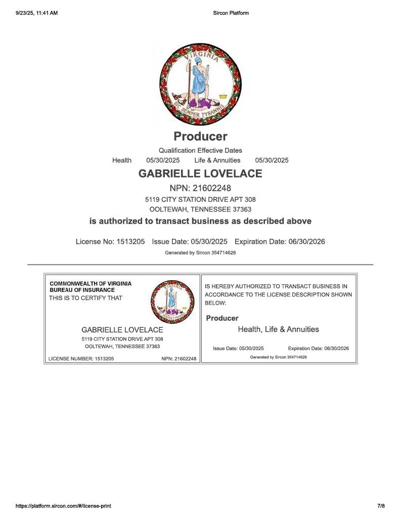 A professional certification document for Gabrielle Lovelace issued by the Commonwealth of Virginia Bureau of Insurance, featuring the Virginia state seal, with details including license number, effective and expiration dates, and her address.