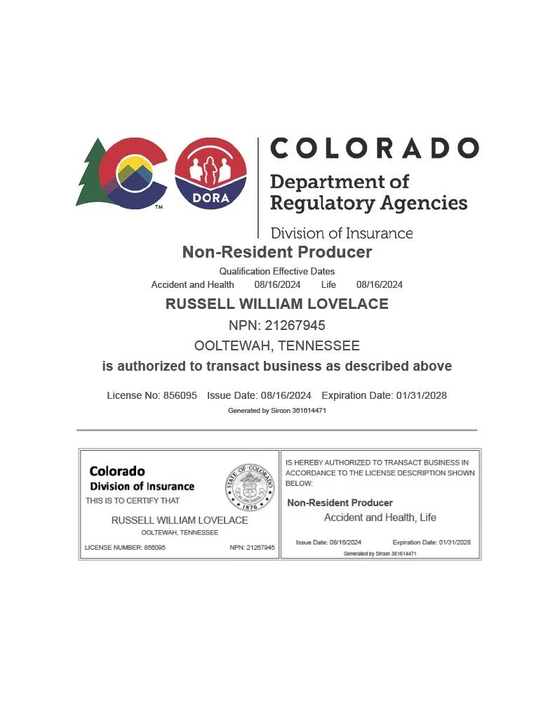 Insurance license document from Colorado Department of Regulatory Agencies for Russell William Lovelace, issued August 16, 2024, valid until January 31, 2028.