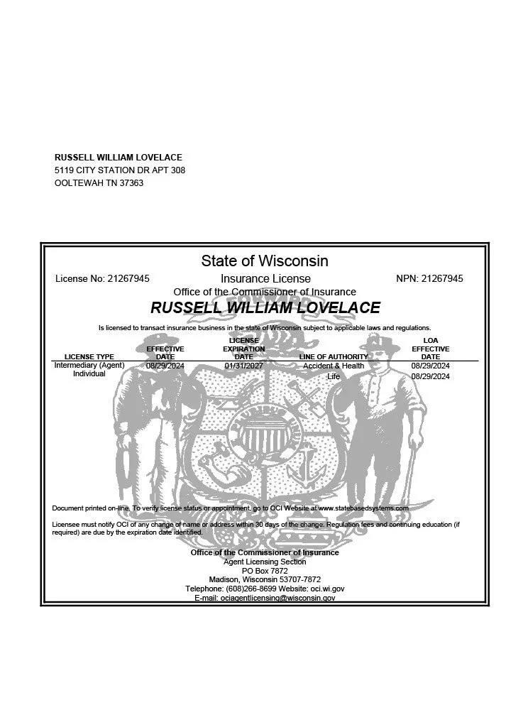 Wisconsin insurance license certificate for Russell William Lovelace, issued by the Wisconsin Office of the Commissioner of Insurance.