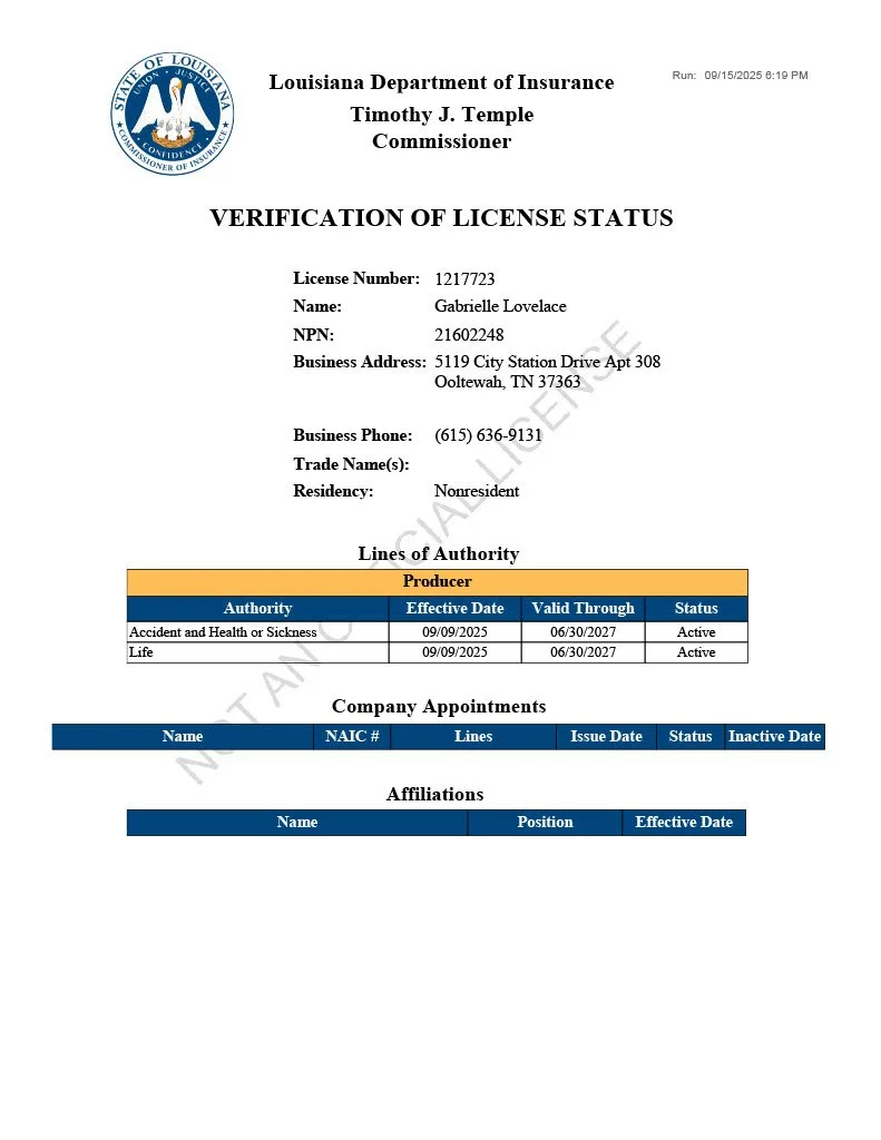 A verification of license status document from the Louisiana Department of Insurance indicating Gabrielle Lovelace's license is active, with details about her business address, phone number, and lines of authority, along with sections for company appointments and affiliations.