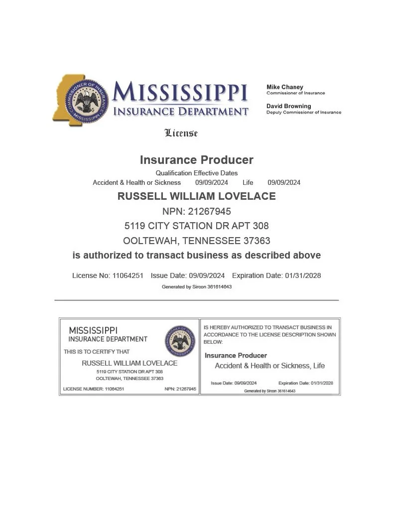 Mississippi Insurance Department license document for Russell William Lovelace, life insurance producer, issued on September 9, 2024, with expires on January 31, 2028.