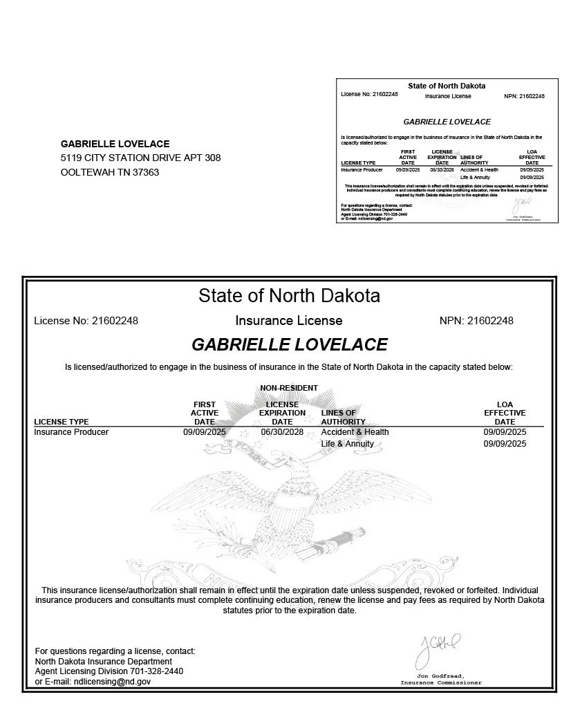 North Dakota insurance license document for Gabrielle Lovelace, including license details and an eagle illustration.
