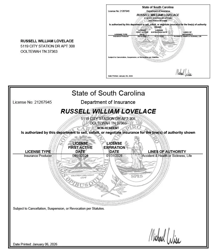South Carolina insurance license for Russell William Lovelace, issued by the Department of Insurance; includes personal details, license type, issue and expiration dates, and line of authority, with signatures and a seal.