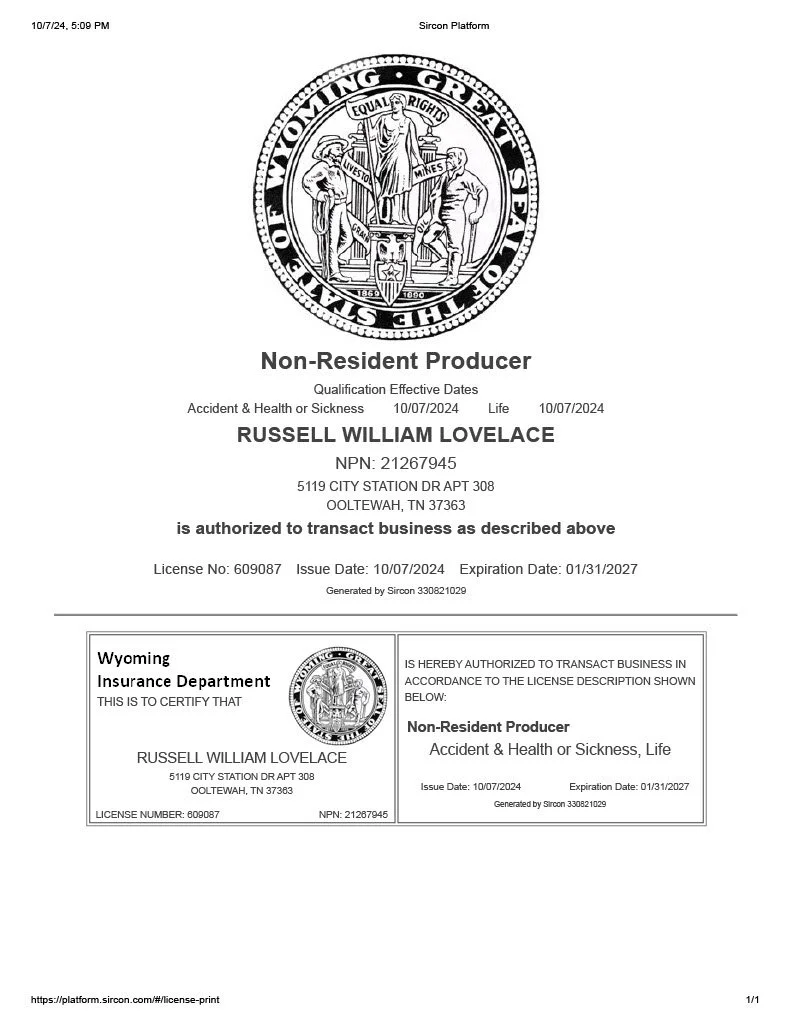 Insurance license certificate from the Wyoming Insurance Department issued to Russell William Lovelace, authorizing him as a non-resident producer for accident and health or sickness, life insurance, with issue date October 7, 2024, expiration January 31, 2027.