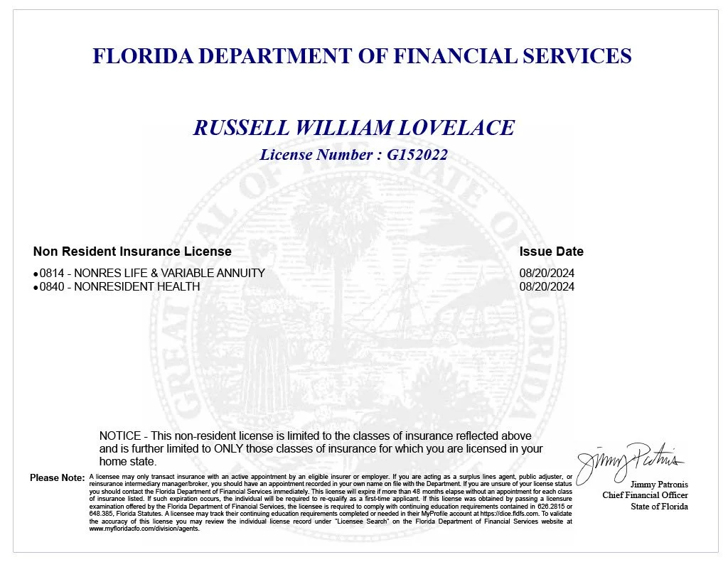 Florida Department of Financial Services insurance license for Russell William Lovelace, issued August 20, 2024, with license number G152022, for non-resident insurance—life, variable annuity, and health.