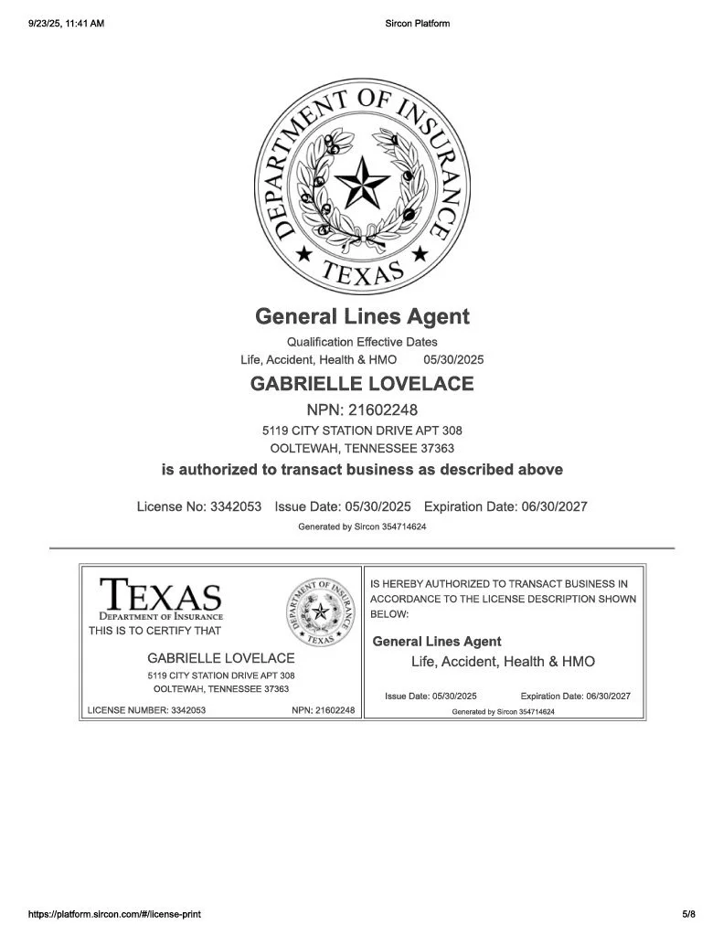 A certification document from the Texas Department of Insurance for a General Lines Agent license held by Gabrielle Lovelace, valid from May 30, 2025, to June 30, 2027.