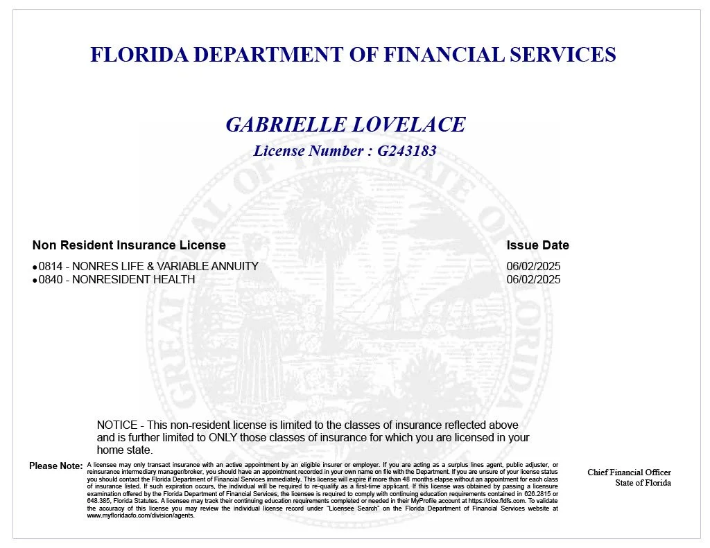 A non-resident insurance license issued by the Florida Department of Financial Services to Gabrielle Lovelace, with license number G243183, issued on June 2, 2025, for nonresidential life, variable annuity, and health insurance.