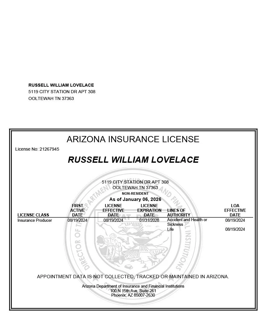 Arizona insurance license for Russell William Lovelace, issued by the Arizona Department of Insurance, valid from August 19, 2024, to January 31, 2028.