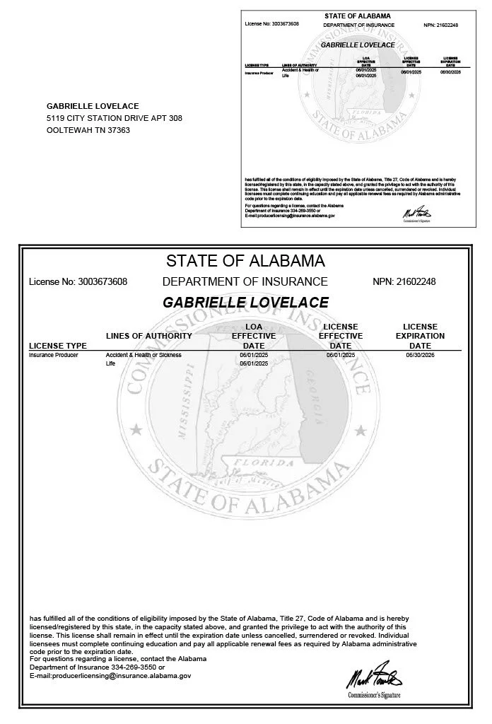 Alabama insurance license document with personal details, license number, and validity dates for Gabrielle Lovelace.