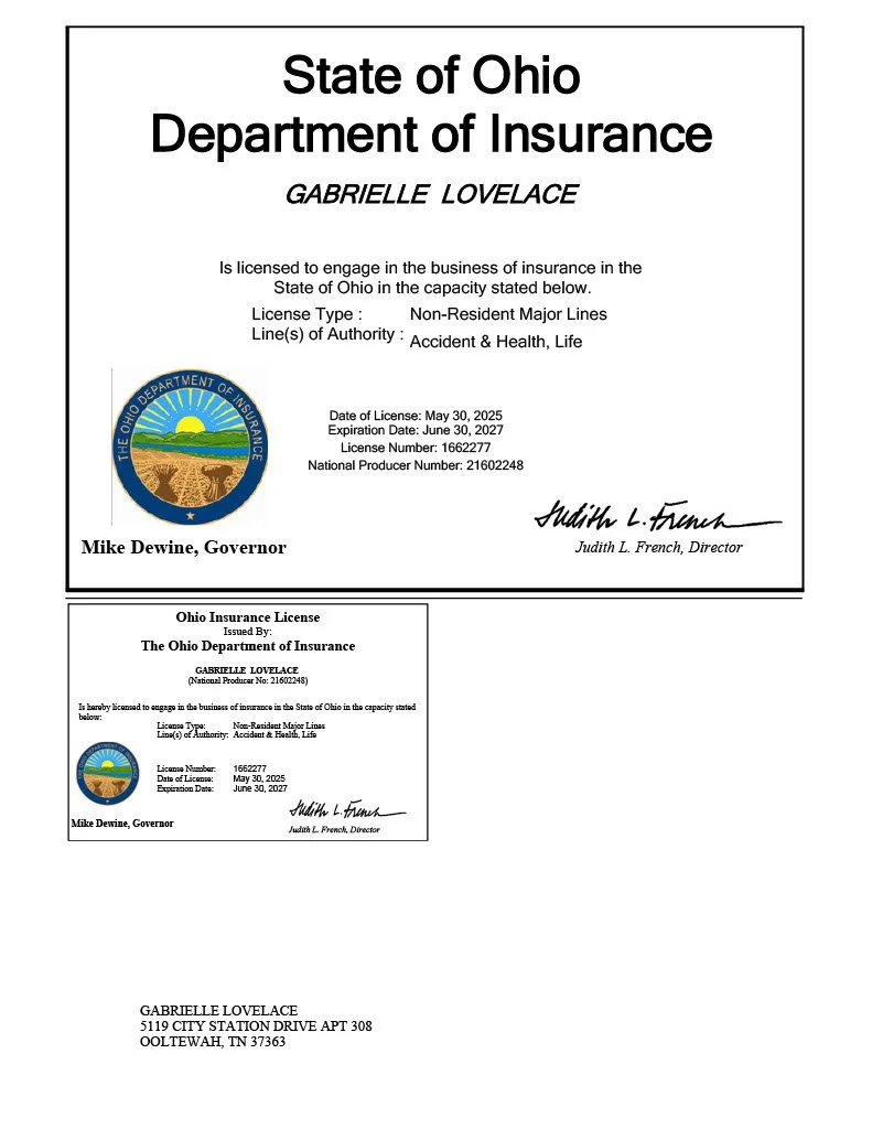 Ohio insurance license issued to Gabrielle Lovelace by the Ohio Department of Insurance, signed by Judith L. French, with license details, and a small license duplicate.