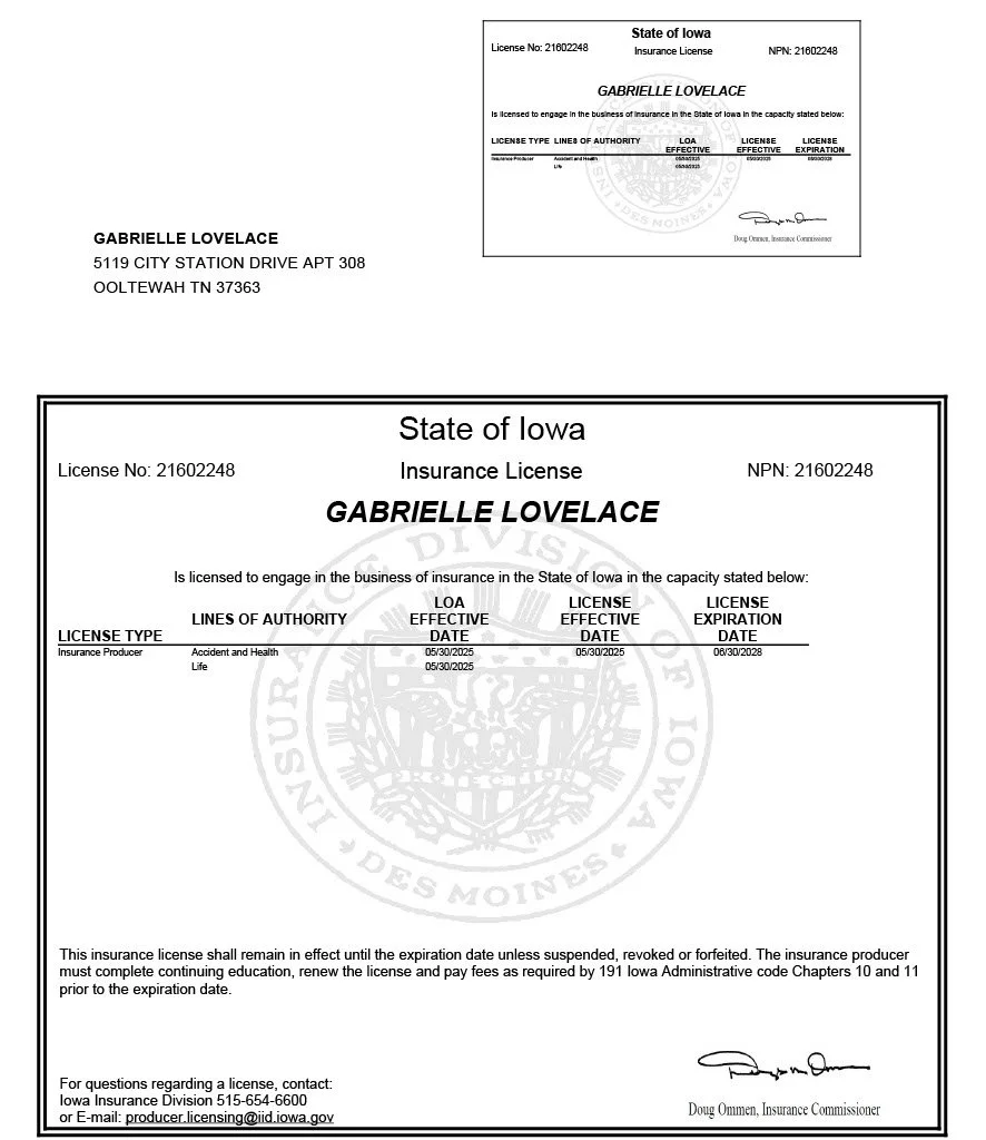 A copy of a license document from the State of Iowa issued to Gabrielle Lovelace, related to insurance, with personal details and license validity dates.