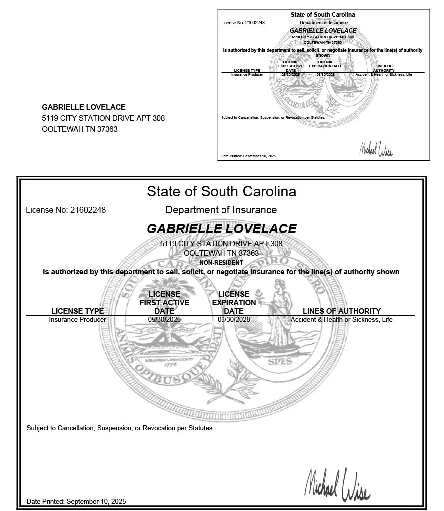 South Carolina insurance license for Gabrielle Lovelace, issued September 10, 2025, authorizing her to sell, solicit, or negotiate insurance for accident, health, sickness, or life.