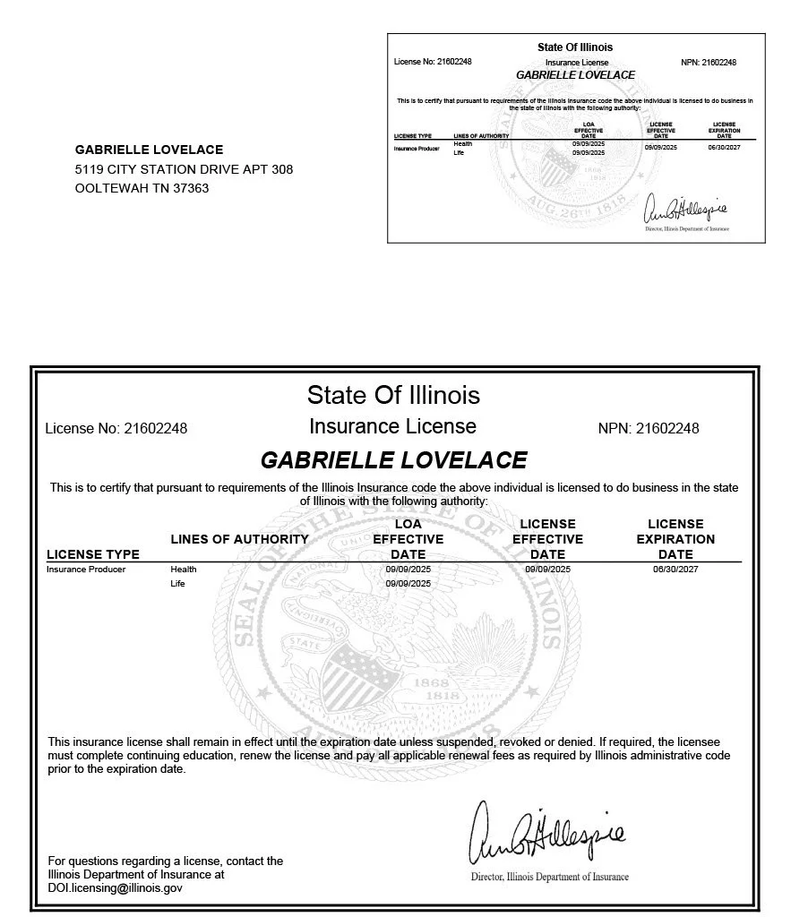 A photo of two Illinois insurance licenses issued to Gabrielle Lovelace, featuring her name, address, license numbers, and expiration dates.