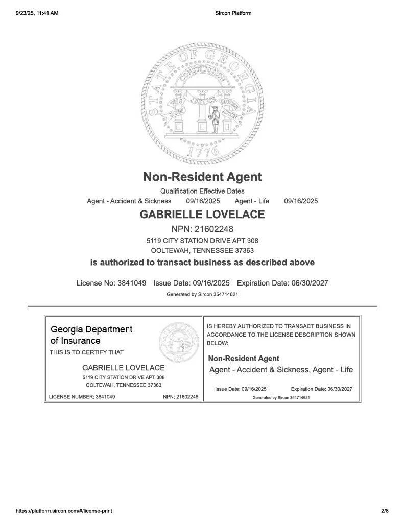 Certification document from the Georgia Department of Insurance for Gabrielle Lovelace, non-resident agent, effective September 16, 2025, with her license number and personal details, featuring a faint seal and a Georgia state seal watermark.