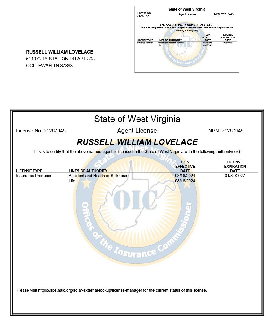 West Virginia insurance agent license for Russell William Lovelace, valid from August 16, 2024, to January 31, 2027.