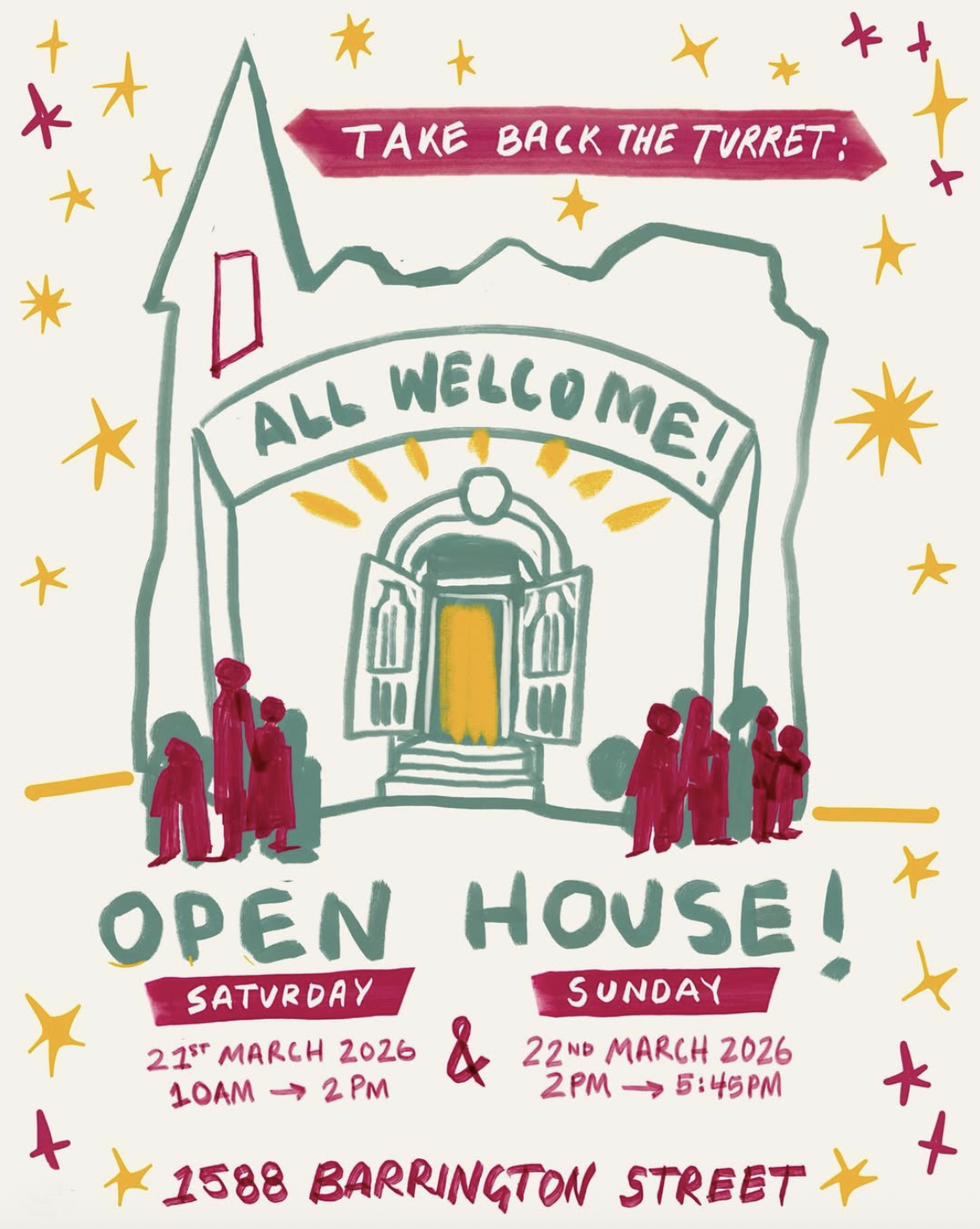 hand drawn image of people gathering at a building with a turret