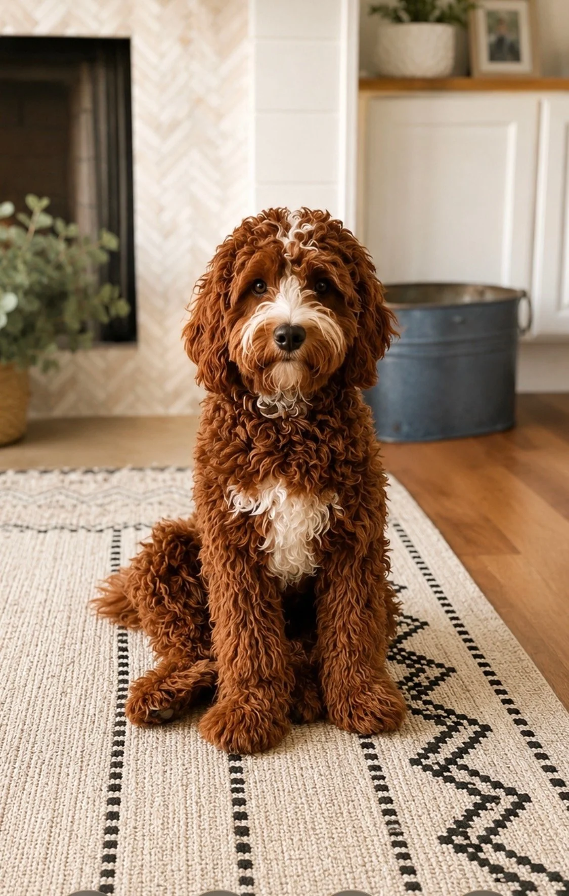 Brown and white goldendoodle in living room